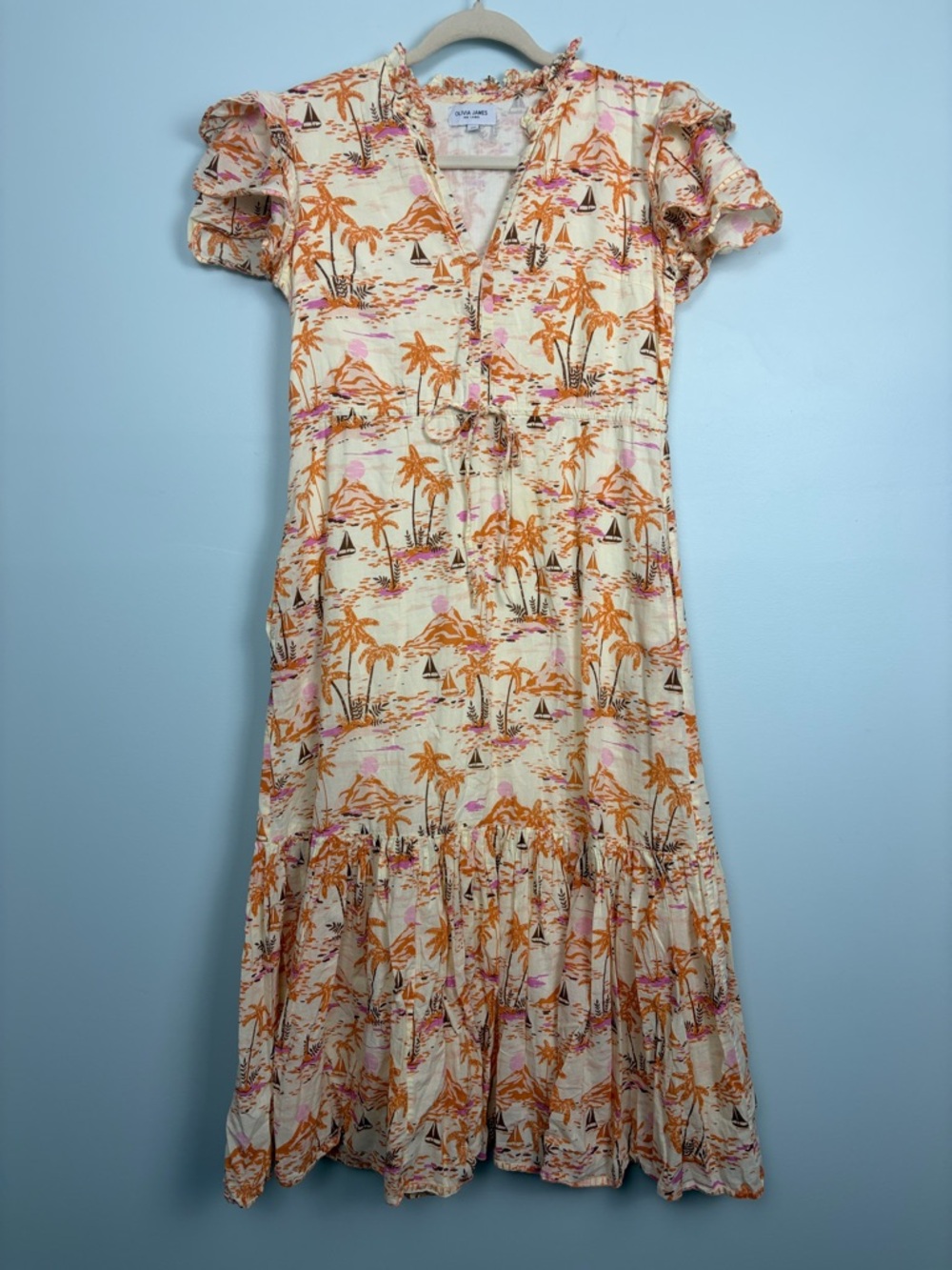 Olivia James the Label Women’s XS P Pink Orange Tropical Tiered Midi Dress